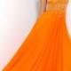 Fashion Cheap Tangerine High Neck Chiffon Beaded Cut Out Back Evening Gown
