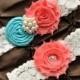 Wedding Garter Set, Bridal Garter - Lace Garter, Rolled Silk Aqua Tiffany Blue, Shabby Coral Wedding Garter Belt, You Design / Pick Colors