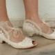 Embroidered Lace Bridal Shoes with Pearls in Ivory,1.5"Heels Peep Toes- Elegant Wedding Shoes