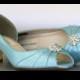Blue Wedding Shoes -- Pool Blue Kitten Heels with Simple Rhinestone Adornment