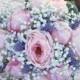 Silk Wedding Flower Bouquet made with Pink Cabbage Roses, Pink Peony buds, Babies Breath and Lavender silk flowers. - New