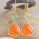 Orange and Aqua Dangle Earrings.  Orange Teardrop Mint Aqua Drop Earrings. Bridemaid Earrings. Bridesmaid Jewelry. Jewel Earrings.