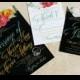 Flourishing Script with boquet Wedding Invitations. Trendy Type Invitations. Fancy lettering wedding invitations