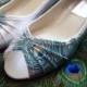 Wedding Shoes , wedge shoes, peacock feather shoes, painted shoes, peacock blue wedge , Sale , low  heel peep toes , bridal accessory , Leah