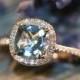 Halo Diamond Aquamarine Engagement Ring in 14k Rose Gold Pave Diamond Wedding Band 8x8mm Cushion Cut Aqua Gem Ring (Wedding Set Available)