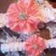 Wedding Garter Set with a Coral Tulle Covered Wild Rose Garter - Five Petal Rose Flower, White band