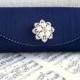 Navy blue clutch, blue silk clutch with rhinestone and pearl brooch, nautical clutch, nautical wedding, bridal bag