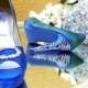Wedding Shoes Peacock feathers and crystals blue soles
