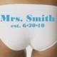 Mrs. with name and wedding date custom panties something blue size choice great shower or bridal gift bride wedding