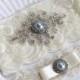 Bridal rhinestone applique heirloom garter set. Cream/ Ivory stretch lace Something Blue Pearl wedding garter. ELOISE