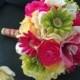 Silk wedding bouquet in hot pink, green and yellow, roses, peonies, calla lillies, hydrangeas, ranuculus, bridal bouquets