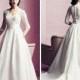 Vintage 3/4 Long Sleeve Illusion Wedding Dresses Covered Button Sweep Train Applique V-Neck Satin Chapel Wedding Gowns Long Bridal Ball Online with $126.39/Piece on Hjklp88's Store 