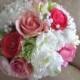 Silk wedding bouquet in pink, hot pink, white and green roses,peonies and ranuculus,bridal bouquet