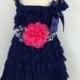 Navy and Hot Pink Complete Petti Lace Dress Set with Sash & Headband - Baby Photo Prop -Birthday Outfit -Flower Girl Dress -Special Occasion
