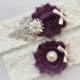 NIKKITA - Plum Chiffon Rose Wedding Ivory Lace Garters, Pearl Rhinestone Bridal Garter Set