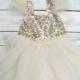 Flower Girl Dress, Ivory Flower Girl Dress, Ivory Dress Girls, Gold Sparkle Dress,  Baby Girl Party Dress, Ivory Sparkle Princess Dress