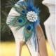 Wedding Peacock Feather Shoe Clips, Navy & Rhinestone Engagement Accessory, Date Night Out Party, Best Seller Bridal Gift Guide Idea for Her