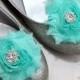Chic blossom shoe clips with rhinestone centers. 71 colors available. New in seafoam green for weddings.