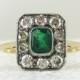 Emerald Engagement Ring with Old European Cut Diamond Halo in High Carat Gold, Simple Rectangle Shaped Top, Vintage Early 20th Century Ring.