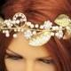 Rhinestone Pearl Gold Leaf Headband Bridal Tiara Greek Inspired Grecian Headpiece Head Piece