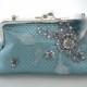 wedding clutch purse, silk pique clutch purse, blue gray silver rhinestone , silver frame , floral purse , something blue wedding purse