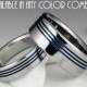 Titanium Wedding Band Set - Engagement Ring Set - Flat Profile - Three Off Center Blue Pinstripes