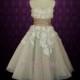 Retro Vintage 50s Mocha Sweetheart Short Tea Length Wedding Dress with Daisy Flower Applique 