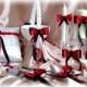 Red and Black Wedding Ring Bearer Pillow, Flower Girl Basket, Candles, Flutes, Cake Set,, 9pc Ceremony Reception Decor