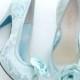 Something Blue Wedding Shoes Mint Floral Lace Peep Toe Bridal Pumps with Handmade Rosette Shoe Clips