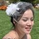 Mini 901 -- VEIL SET w/ OSTRICH Feather Fascinator Hair Clip & Ivory or White Birdcage Blusher 6" Veil for bridal wedding