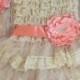 Coral Peach Beige Lace Flower Girl Dress Headband set, Peach Wedding dress, Coral Wedding, Green Wedding,  Vintage Style Petti Dress