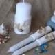 White  Wedding Beach Unity candles with shells and starfish / set of 3 / with rope /  white /