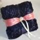 Navy and coral wedding ring pillow-rosette ring cushion, pearl brooch 