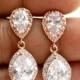 ROSE GOLD Wedding Jewelry Bridal Earrings Clear Cubic Zirconia Posts Crystal Teardrop Wedding Earrings Pink Gold