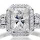 14 Karat White Gold Three Stone 8x6 Emerald Cut Forever Brilliant Moissanite Design Halo Diamond Engagement Anniversary Gemstone Ring