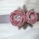 Handcrafted Pink and Grey Two Flowers With Feathers Wedding Bridal Sash Belt