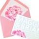 Happy Modern Mint & Pink Wedding Invitations With Pink Peonies, Kraft Envelopes, Gold String - FREE SHIPPING - Maggie Collection