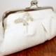 White clutch, silk clutch, wedding clutch purse with butterfly rhinestone brooch, bridal bag
