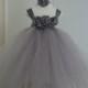 New Ready to Ship Baby to Toddler Flower Girl Wedding Pageant Birthday Silver Grey Pewter Tutu Dress Satin Roses, Grey Pearls and Headband.