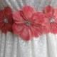 LANNA Coral and Pink Peacock Feather Flower Bridal Wedding Sash with Pink Veil and Crystals