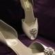 White leather peep toe heels polka dot rosette shoe Bridal vintage Bally 80s does 50s Wedding NOS UK 6 
