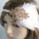 White Flapper Headpiece, Great Gatsby 1920s Wedding Headband, White Feather Deco Headdress Champagne Beaded Fascinator