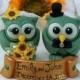 Emerald owl wedding cake topper, love bird with gold banner, sunflowers bouquet, emerald wedding