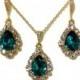 Teal Green Bridal Jewelry Set, Peacock Wedding, Blue Zircon Earrings, Teardrop Necklace, Gold Jewelry,  BIJOUX