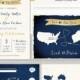 Map Style Wedding Invitation Two Hearts, One Love & Fun RSVP postcard - Navy and Faux-gold - Blue Gold Wedding - Navy Gold wedding invites