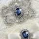 SALE!! STACY II - Sapphire Blue Pearl Wedding Garter Set, Wedding Ivory Stretch Lace Garter, Rhinestone Crystal Bridal Garters