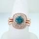 14K Rose Gold Blue Diamond Engagement Ring and Wedding Band Sets 1.50 Carat HandMade Bridal Sets