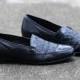 size men 9 . Black WOVEN LOAFERS Men . Mens Slip On Flats 80s Wedding Shoes Patent Cap Toe Retro Size Us mens 9 , Eur 43 , Uk 8.5