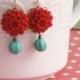 Dangle Earrings, Flower Dangle Earrings, Red Flower Drop Earrings,Turquoise Glass, Dangle Earrings, Retro Flower Dangle Earrings, Bridesmaid