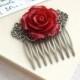 Red Flower Comb. Vintage Style Antiqued Brass Hair Comb. Rustic Red Wedding. Bridesmaids Gifts. Red Rose Wedding. Winter Red Valentine day
